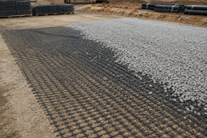 Geogrid reinforcement installed beneath aggregate base material for a Midwest construction project.