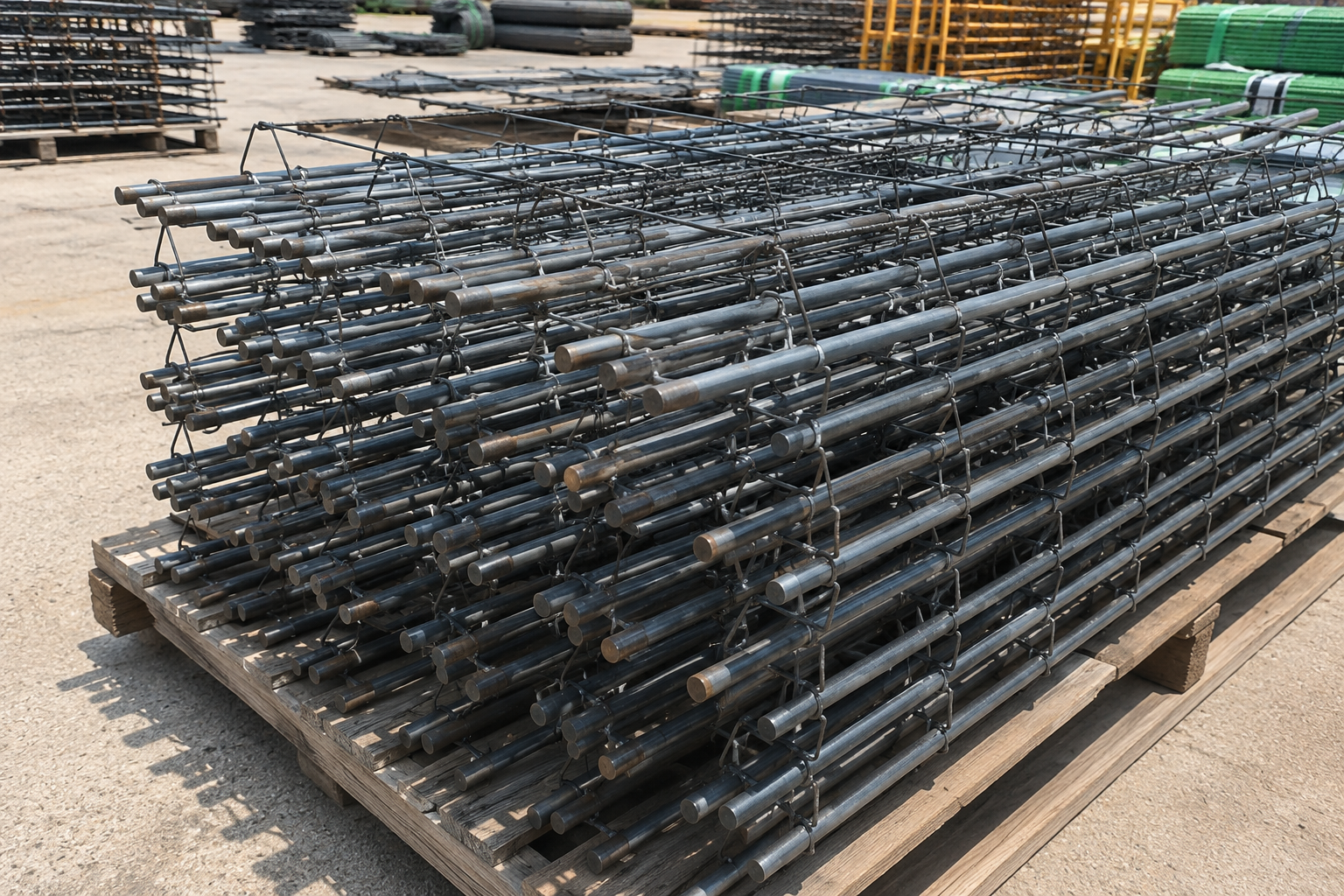 Stacked steel dowel basket assemblies staged in an outdoor construction supply yard for concrete pavement projects.