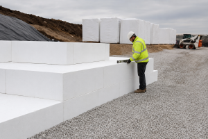 Geofoam blocks arranged at a construction site supplied for a nationwide project.