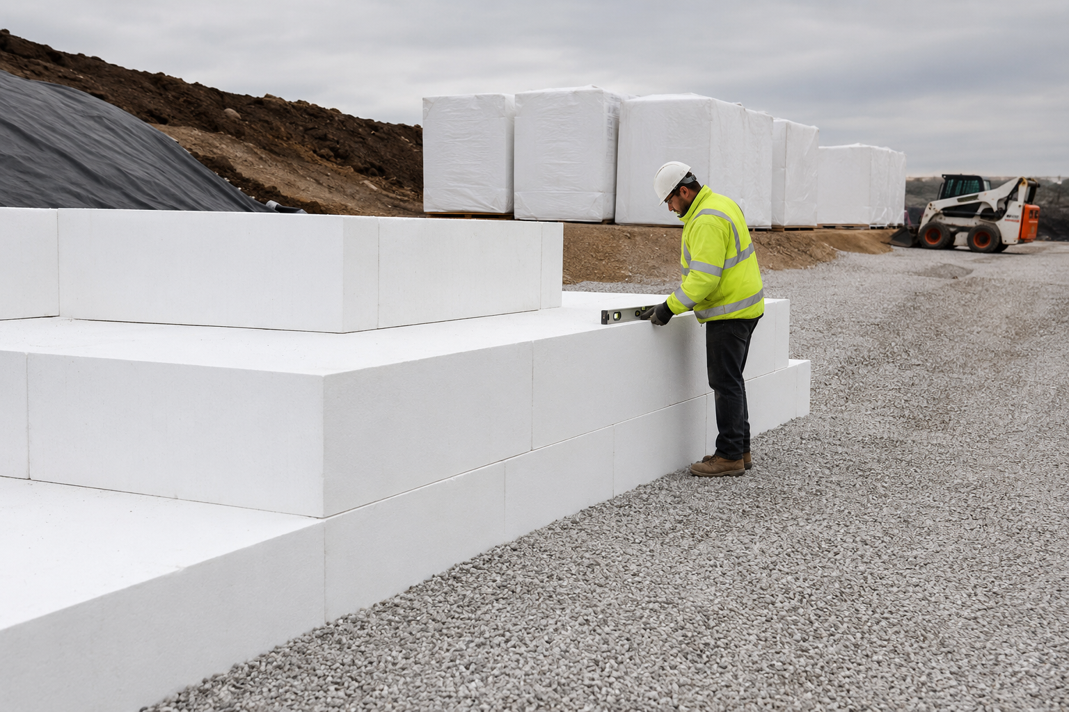Geofoam blocks arranged at a construction site supplied for a nationwide project.