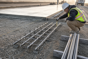Dowel basket and individual rebar dowels positioned beside a concrete pavement joint.